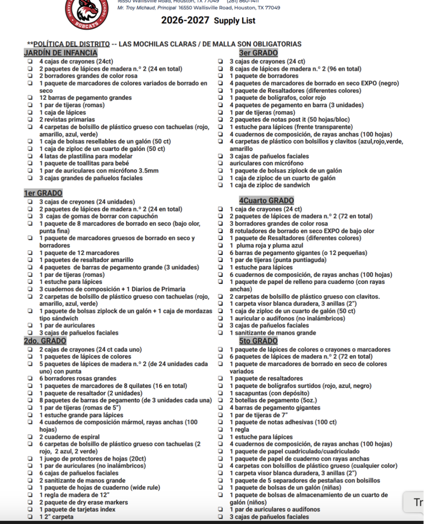 Supplies list
