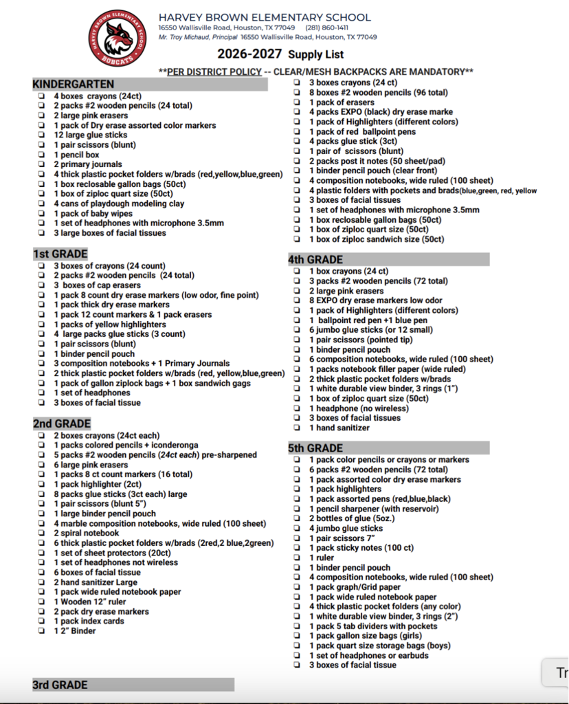 Supplies list