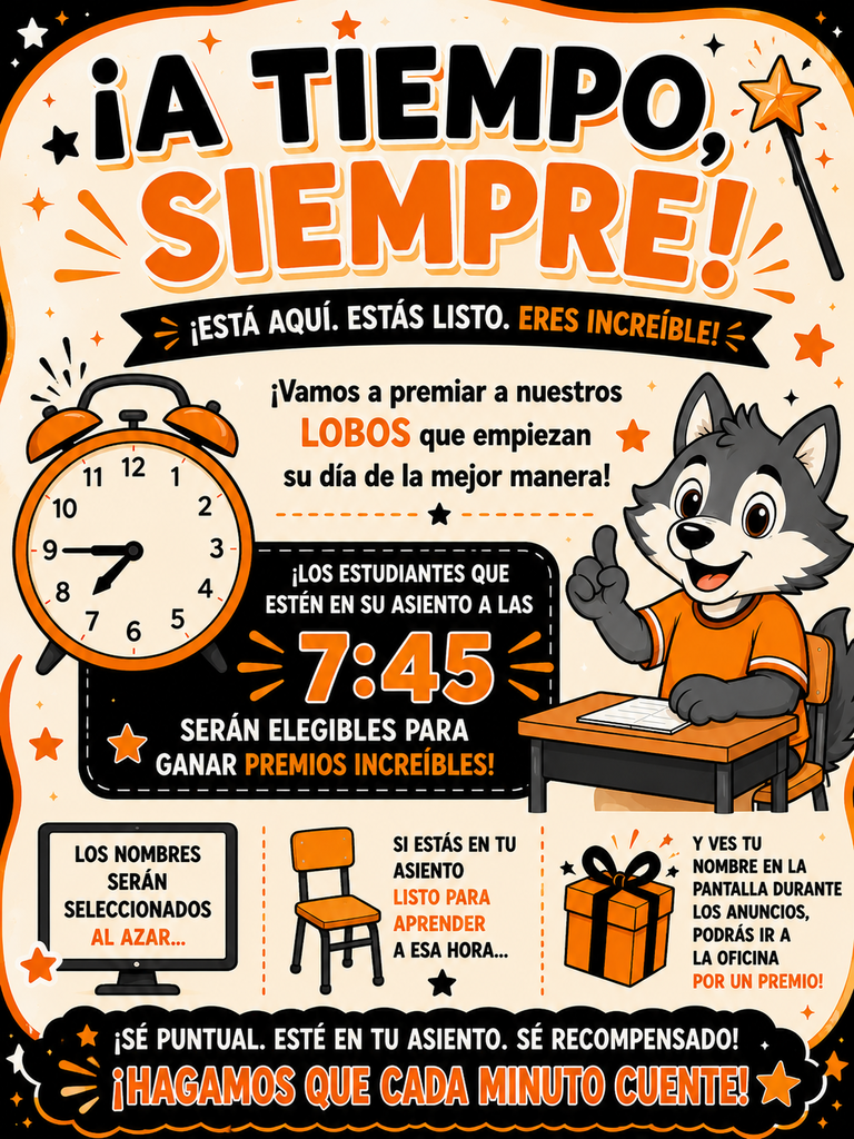 A tiempo siempre, los estudiantes que esten en su asiento a las 7:45 seran elegibles para premios!