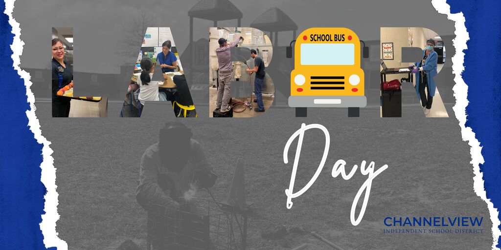 Labor Day with Playground on background and staff representing each letter of LABOR
