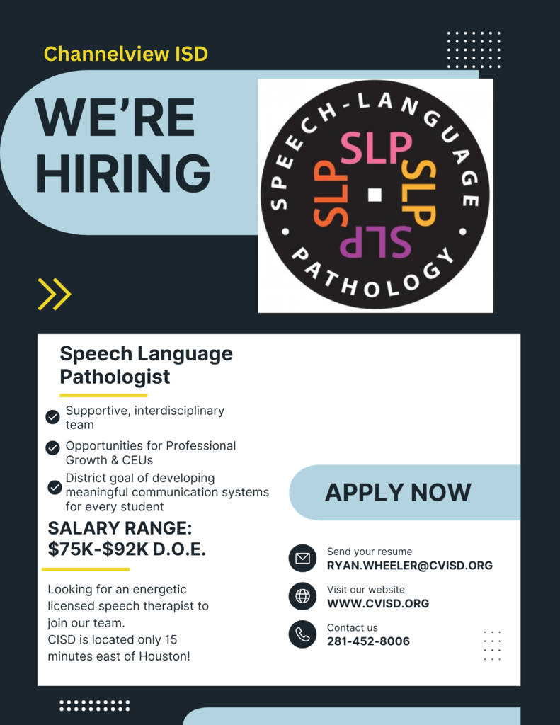 We Are Hiring SLP Salary Range $75K-$92K DOE, Apply now flyer with information on how to apply