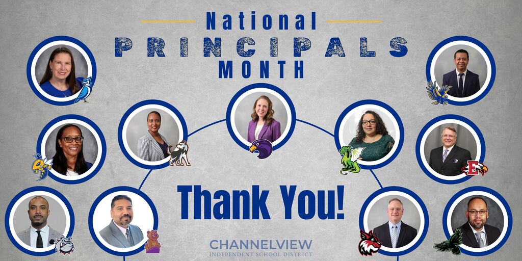 National Principals Month with a picture of all CISD principals and their campus logos