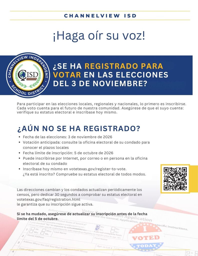 Make your voice heard! flyer_Have you registered to vote in the November 3 election information. QR code to votetexas.gov _Spanish