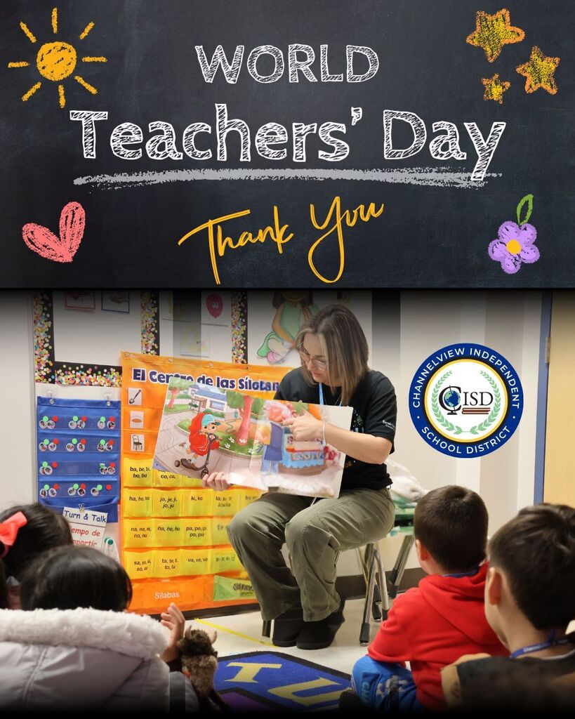 World Teachers' Day Graphic_Thank you_ Teacher reading to 4 students in a classroom.