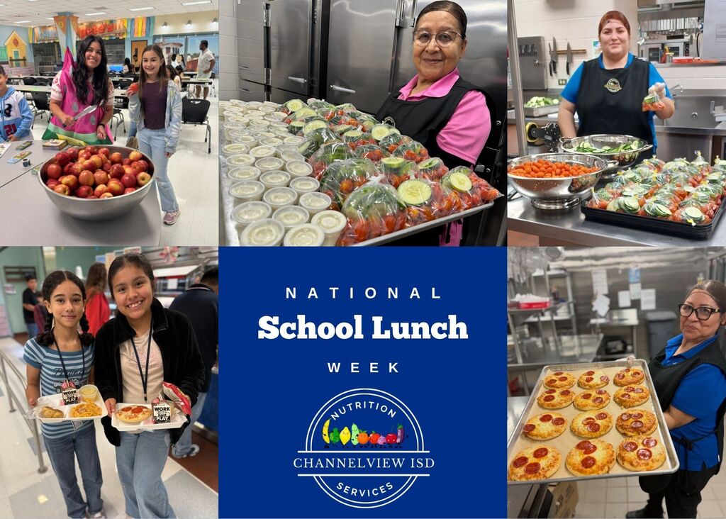 a collage of 5 pictures of CISD Nutrition Services and students holding different meals.