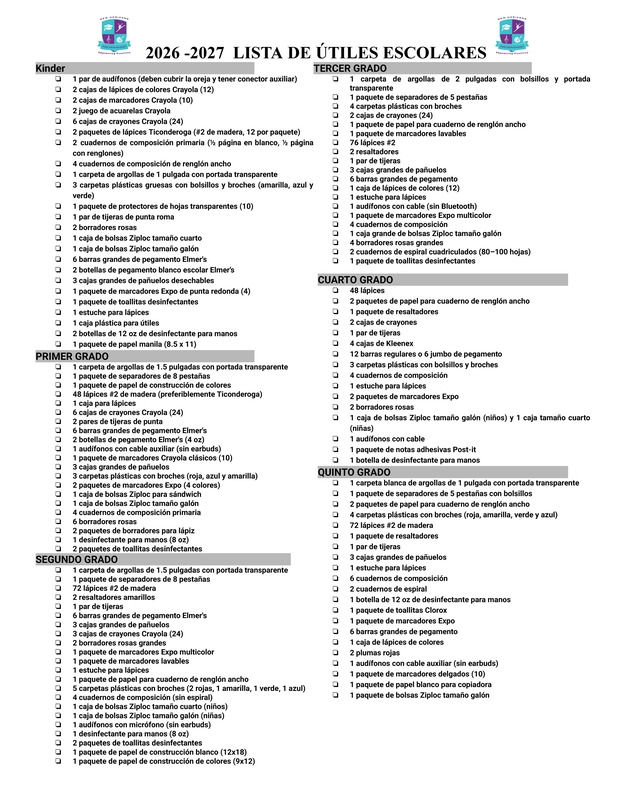 2026-2027 School Supply Lists / Lista de Utiles
