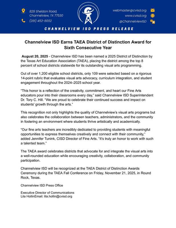 Channelview ISD Earns TAEA District of Distinction Award for Sixth Consecutive Year