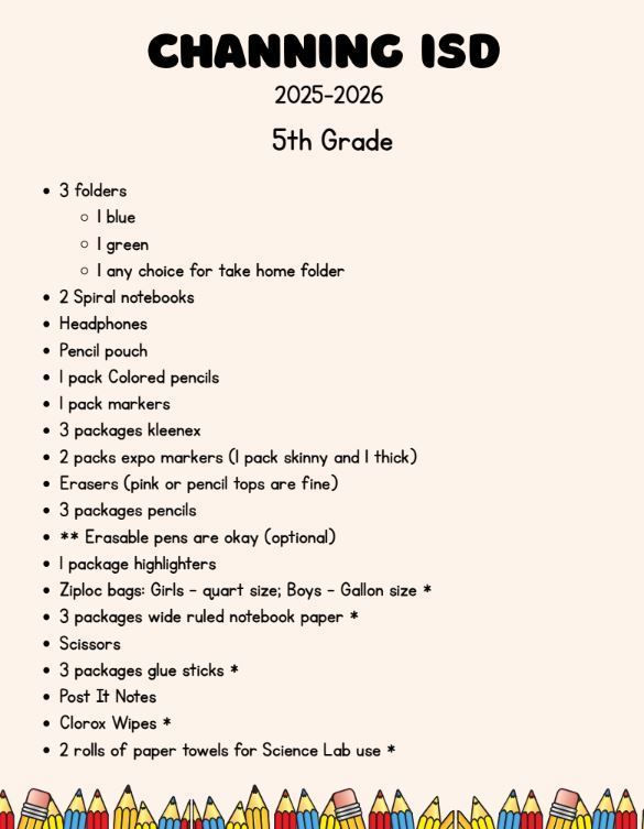 Fifth Grade Supply List