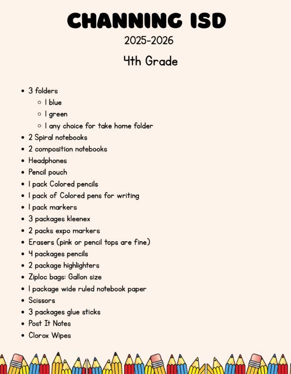Fourth Grade Supply List