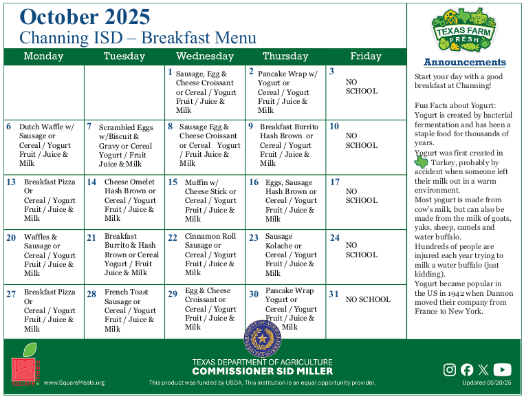 October Breakfast Menu 2025