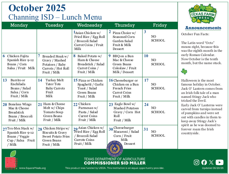 October Lunch Menu 2025