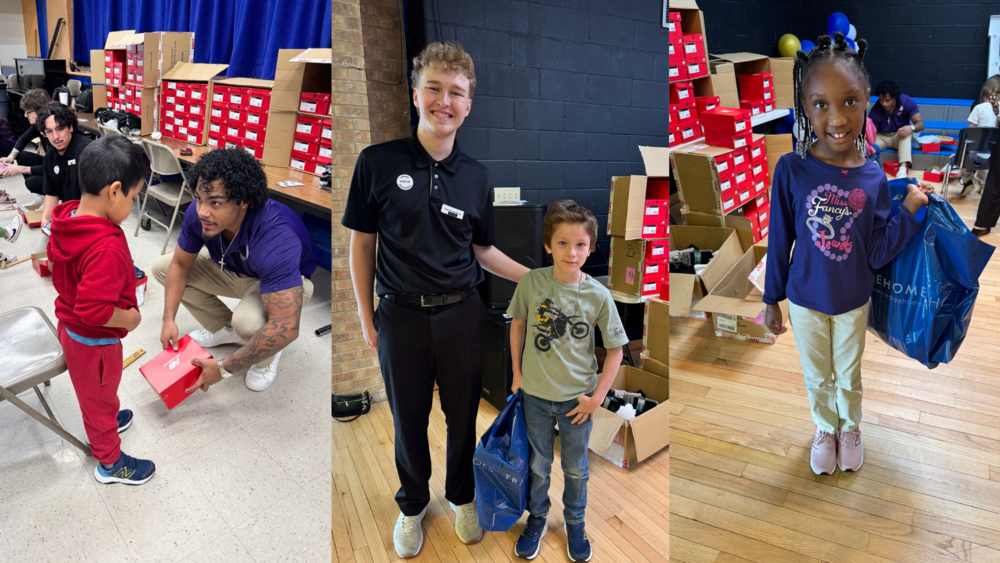 Trademark Shoes employees handing out free shoes to our students