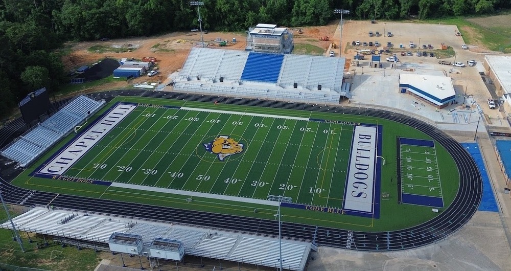 overhead drone shot of Bulldog Stadium