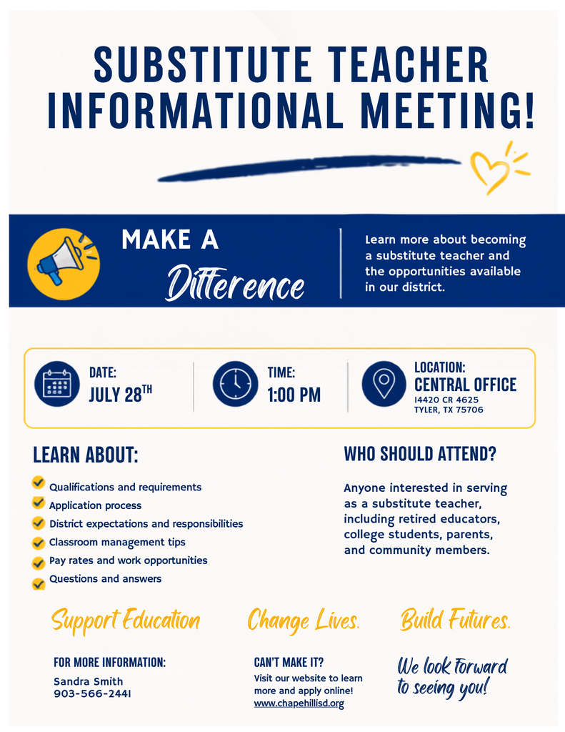 π Interested in becoming a substitute teacher? Join us July 28 at 1:00 PM to learn about the opportunities available! Tag a friend who may be interested! βοΈ #ChapelHilIISD #ChooseOpportunity
