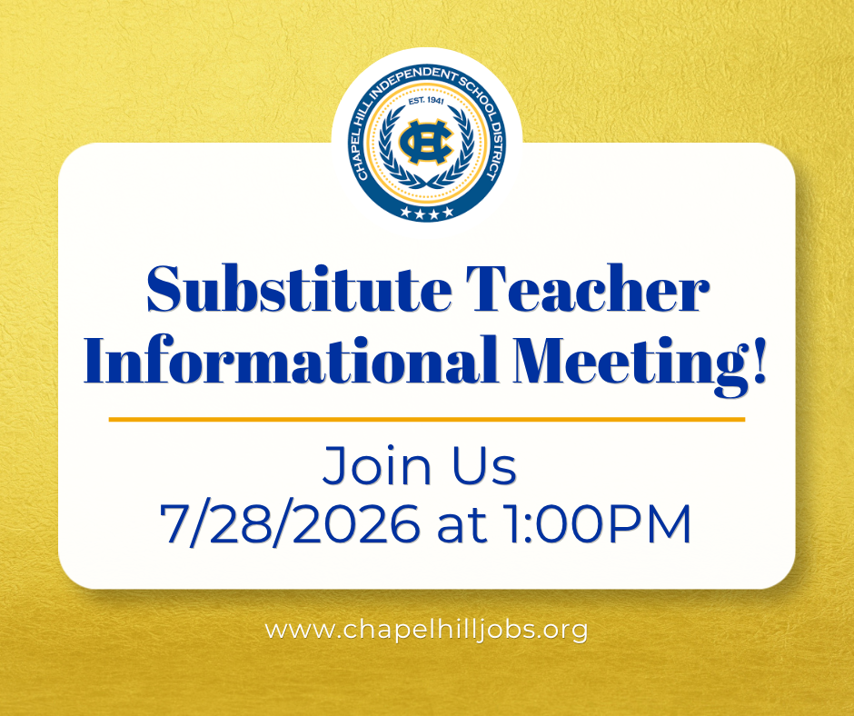 📢 Don't Miss It! 📢 Our Substitute Teacher Informational Meeting is just around the corner! 📅 Tuesday, July 28, 2026 🕐 1:00 PM 📍 Central Office 11134 CR 2249 Tyler, TX 75707 Whether you're ready to apply or simply want to learn more about the role, this meeting is a great opportunity to get your questions answered and explore how you can support our students and schools. We look forward to meeting you! 💙💛 #SubstituteTeachers #NowHiring #JoinOurTeam