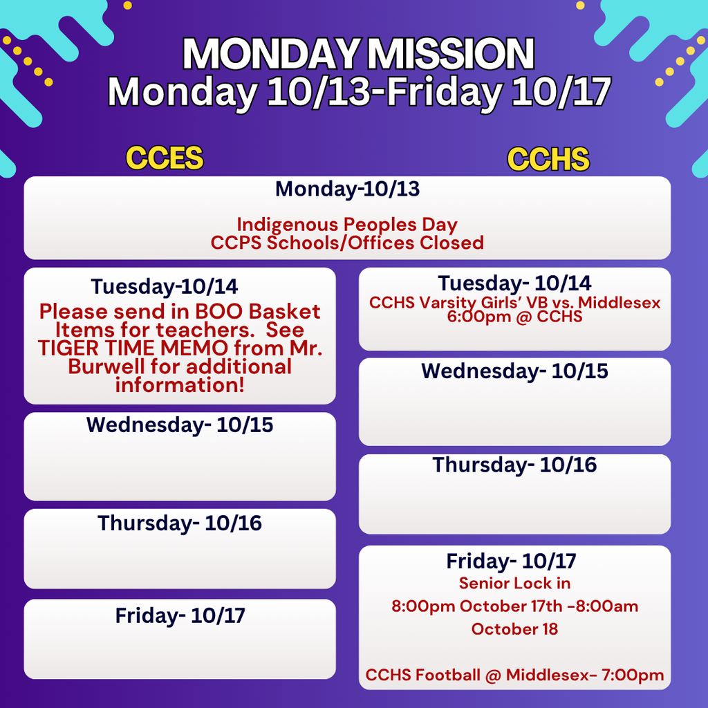 π Monday Mission: Week at a Glance! π Weβre kicking off another exciting week of learning, leadership & Panther Pride! ππΎ Each day brings new chances to grow, connect & shine. Letβs make it a mission to inspire! β¨ #MondayMission #PantherPride #CCPSStrong #MissionMonday