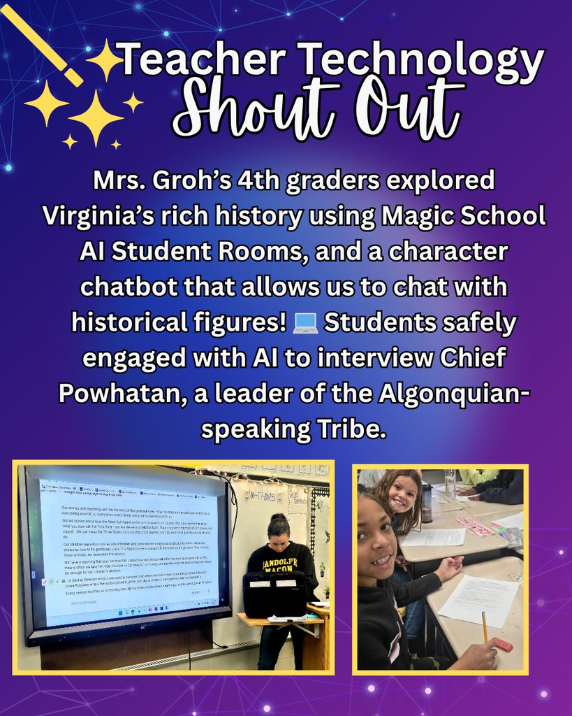 Mrs. Groh’s 4th graders explored Virginia’s rich history using Magic School AI Student Rooms! 💻 Students safely engaged with AI to interview Chief Powhatan, a leader of the Algonquian-speaking Tribe. #EducateEngageEmpower #CCPSVA #VASTudies #EdTechVA