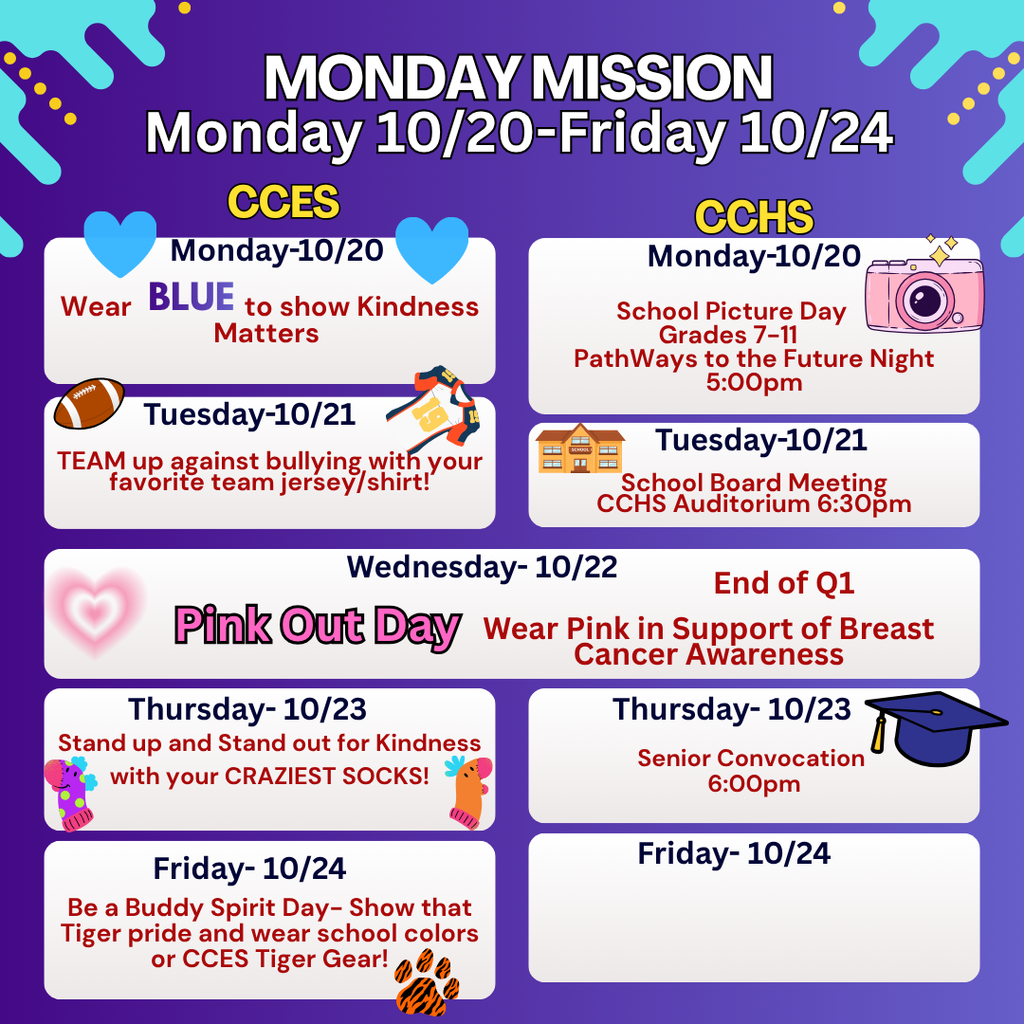🚀 Monday Mission: Week at a Glance! Get ready for another exciting week of learning, laughter, and Panther Pride across CCPS! Stay tuned for special events, classroom highlights, and opportunities to shine! 🌟 #MondayMission #EducateEngageEmpower #CCPSVA #PantherPrideVA