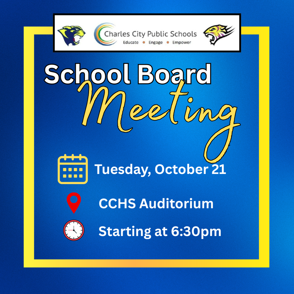 🏫 Join us for the School Board Meeting at CCHS, Tuesday, Oct. 21 @ 6:30PM. 💙 And CCES Tigers—show your spirit by wearing your favorite team jersey or shirt to Team Up Against Bullying! 💪💛 #EducateEngageEmpower #CCPSVA #BullyingPreventionMonth #PantherPrideVA