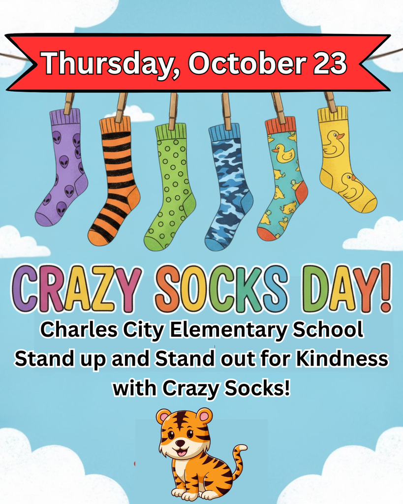Get ready to stand up and stand out for kindness! 🧦✨ Charles City Elementary School presents CRAZY SOCK DAY on Thursday, October 23! Let's fill the hallways with the most colorful, mismatched, and fun socks to show our commitment to kindness. #UnityEveryDay #EducateEngageEmpower