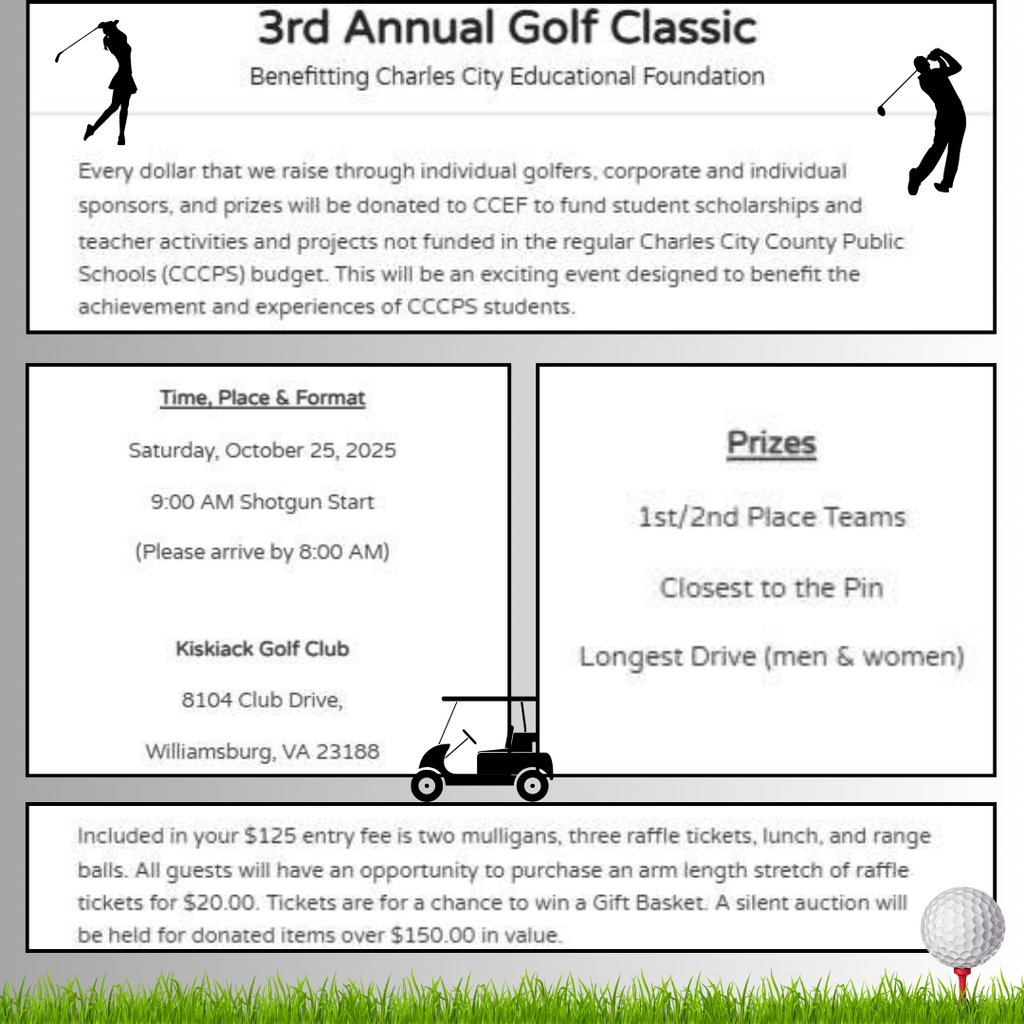 ⛳️ It’s tee time for a great cause! Join us this Saturday, October 25, for the 3rd Annual CCEF Golf Classic at Kiskiack Golf Club! 💚🏌️♂️ All proceeds support student scholarships and teacher projects in Charles City County Public Schools! #EducateEngageEmpower #CCPSVA #VAPublicSchools #GolfForACause