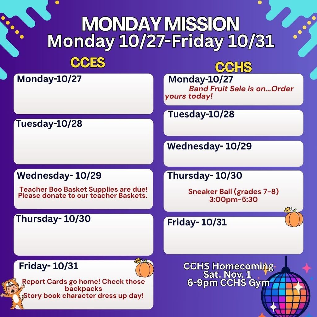 🌟 Monday Mission: Week at a Glance! 🌟 A brand new week means new goals, new learning, and new opportunities to shine! 💫 Let’s show our Tiger Pride, stay focused, and make this week count — together we can achieve anything! 💪 #MondayMission #EducateEngageEmpower #CCPSVA
