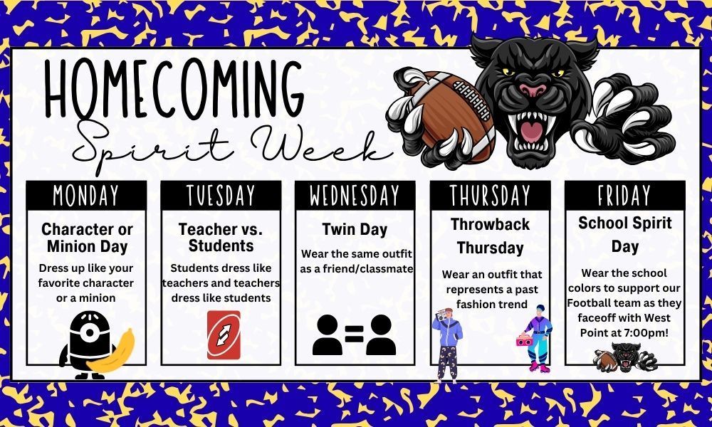 🎉 Homecoming Spirit Week continues at CCHS! 💙💛 Tomorrow’s theme: Dress Like a Character or Minion Day! 🦸♀️👷♂️ Show your Panther Pride by dressing as your favorite character or minion and join the fun! Let’s make tomorrow unforgettable! 💫 #CCHS #SpiritWeek #PantherPride
