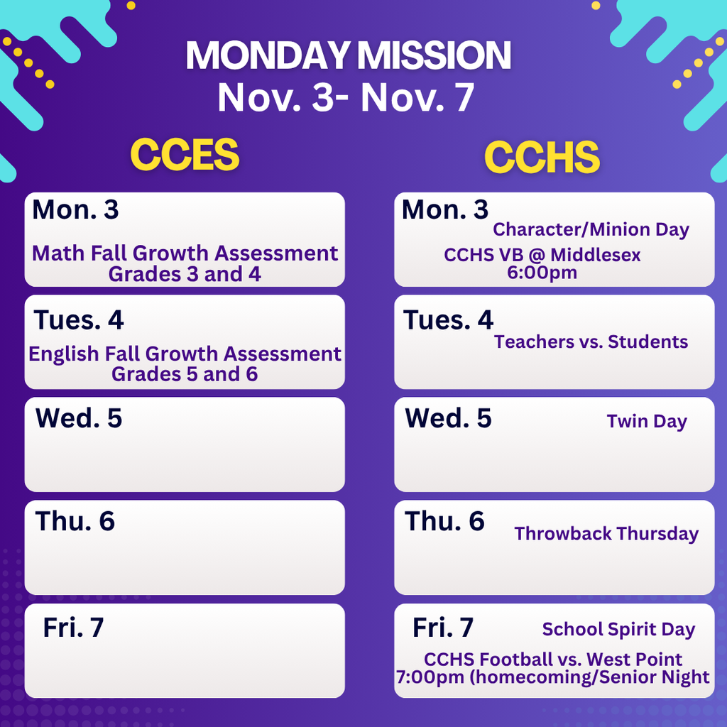 🚀 Monday Mission: Week at a Glance! 💙💛 It’s Spirit Week across CCHS & CCES! Mon–Fri: Dress up, show school pride & join the fun! 🐾 Don’t forget—CCHS Fall Makeup Picture Day is Nov. 18! 📸 Let’s make it a week full of Panther & Tiger spirit! 🎉 #CCPSVA #PantherPride #TigerPride