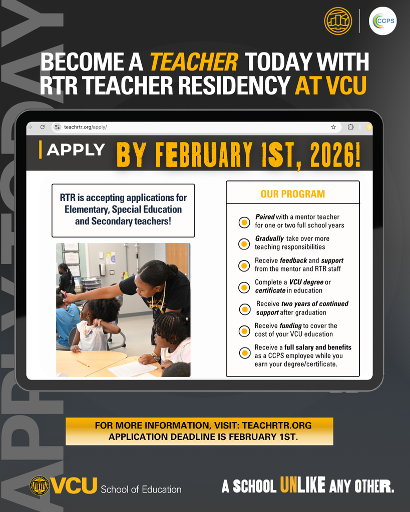 📣 Ready to Make a Difference? Become a Teacher with Charles City County Public Schools! Charles City County Public Schools is partnering with VCU’s RTR Teacher Residency Program to help you start your teaching career with incredible support and benefits. ✅ Applications are open for Elementary, Special Education, and Secondary teachers! ✅ Deadline: February 1, 2026 Why join RTR? Work alongside a mentor teacher for one or two full school years Gradually take on teaching responsibilities with guidance Complete a VCU degree or certificate in education Receive two years of continued support after graduation Get funding to cover your VCU education costs Earn a full salary and benefits as a CCPS employee while you learn 👉 Apply today at https://teachrtr.org/apply/ 📅 Don’t wait—applications close February 1, 2026!
