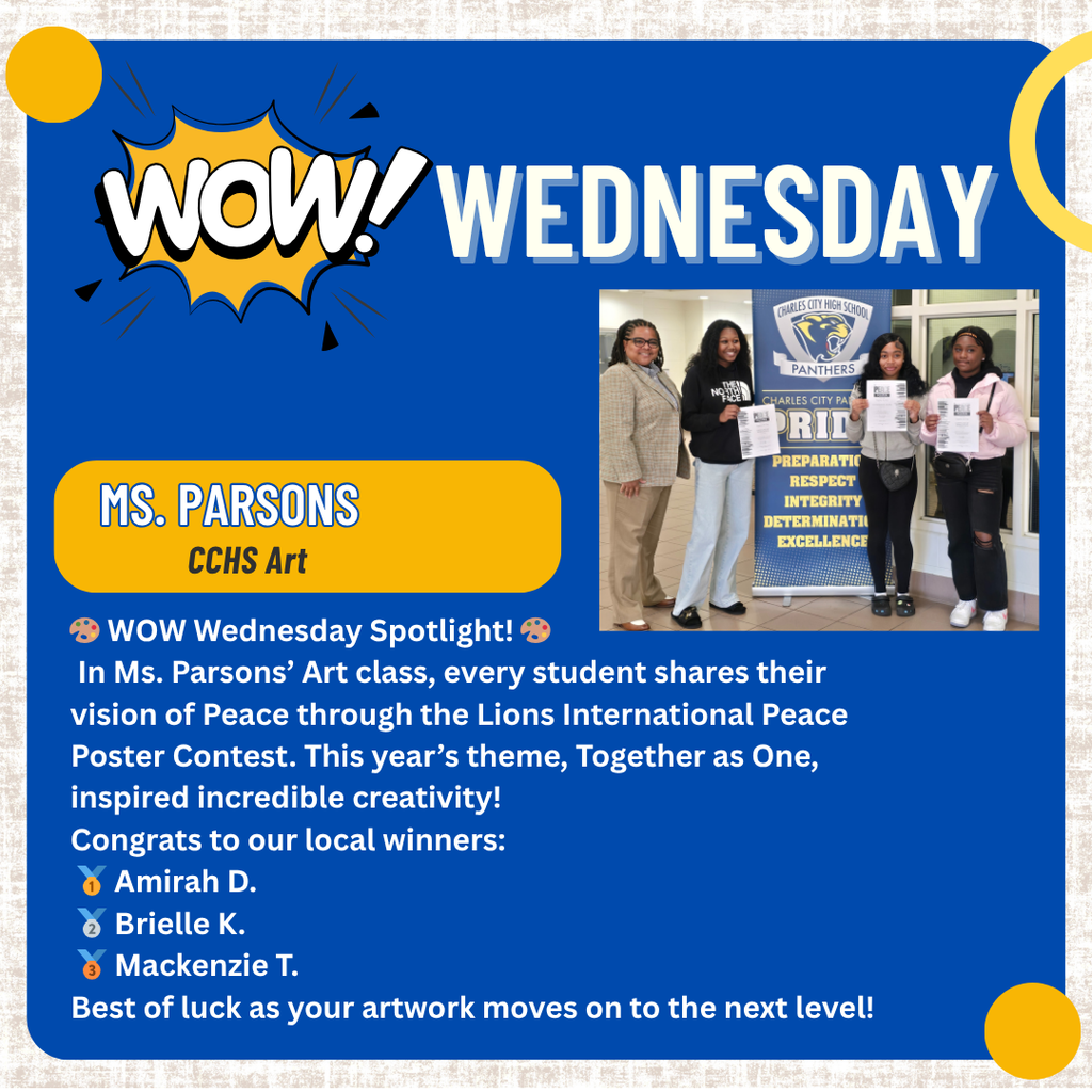 🌟 WOW Wednesday Spotlight: Celebrating Creativity & Kindness! 🌟 This week, we’re celebrating two amazing educators who inspire our students in unique and powerful ways! 🎨 Ms. Parsons – CCHS Art Her students explore what Peace means to them through the Lions International Peace Poster Contest. This year’s theme, Together as One, brought out incredible talent and reflection — with three students advancing to the next level! 💛 Ms. Rigney – CCES 5th Grade Her Wall of Positivity invites students to lift one another up by sharing kind, encouraging notes throughout the year — spreading joy and building a culture of care across the school. Together, they show how creativity and kindness make CCPS shine! ✨ #WOWWednesday #CCPSPride #PantherPride #TigerPride