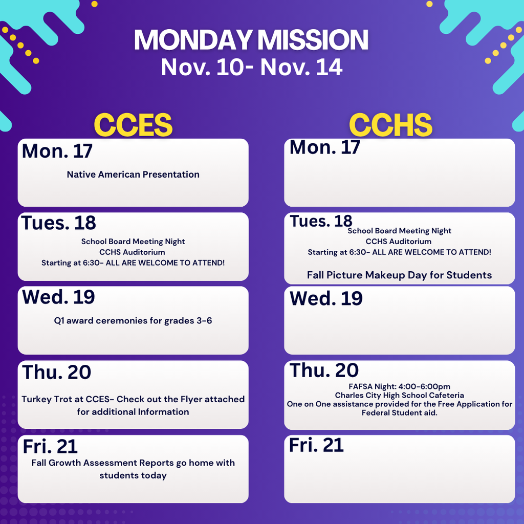 ✨ Monday Mission: Week at a Glance ✨ Here’s what’s ahead for our CCPS family! From classroom celebrations to upcoming events, we’re stepping into the week with purpose, pride, and positivity. Let’s make it a great one together—learning, growing, and leading the way across CCES and CCHS! 💙🤍