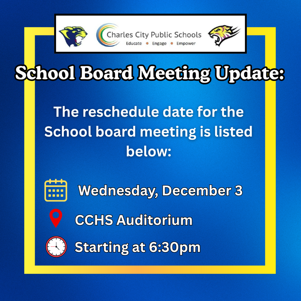 📢 School Board Meeting Rescheduled  Our School Board Meeting has been moved to:  🗓 Wednesday, December 3 📍 CCHS Auditorium ⏰ 6:30 PM  We appreciate your understanding! 💙💛
