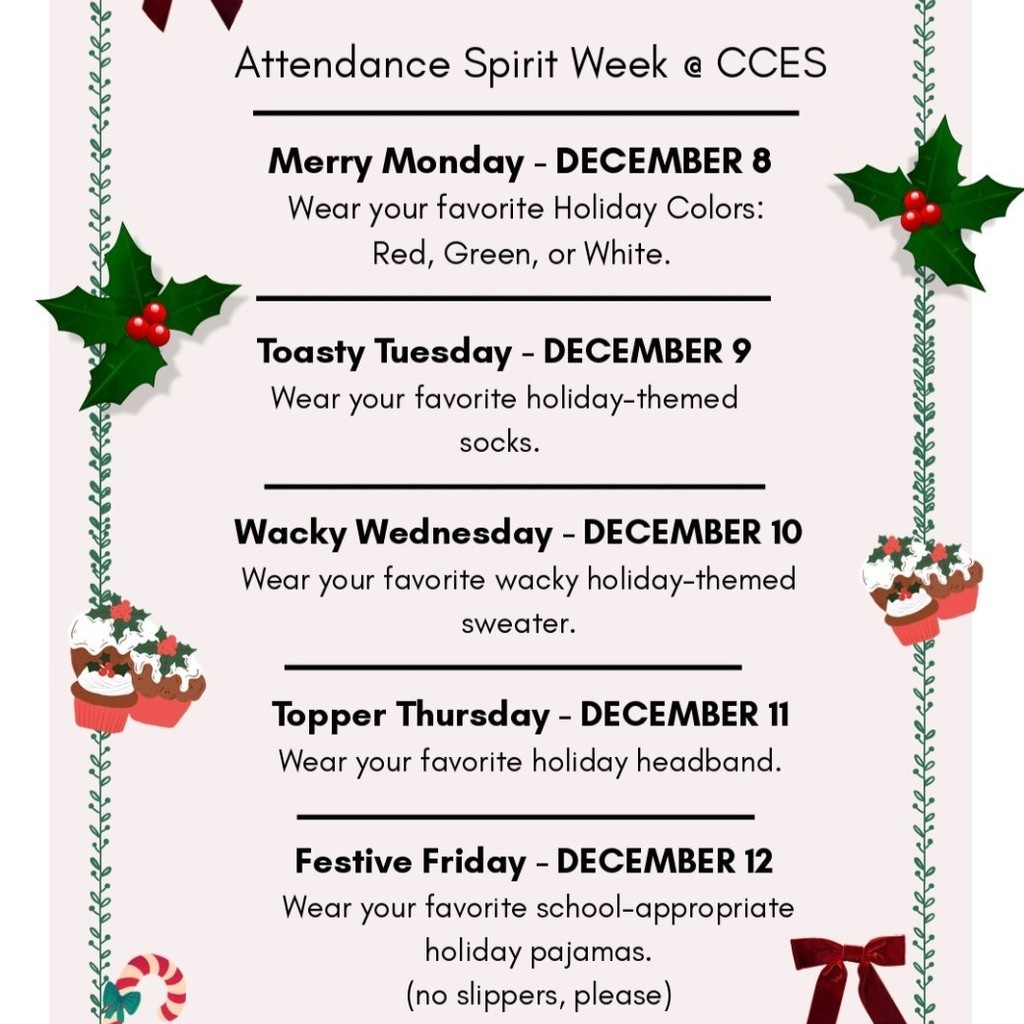 🎄✨ Attendance Spirit Week is coming to Charles City County Elementary School! ✨🎄
Get ready to show your school spirit and your holiday cheer December 8–12 with a week full of festive fun — from holiday colors and cozy socks to wacky sweaters, festive headbands, and pajama day! 🎅🧦🎄

Every day you show up, you shine brighter! Let’s make this a week to remember, Tigers! 💙💛
#CCESSpiritWeek #AttendanceMatters #TigersShowUp #HolidaySpirit #CCPSTigers