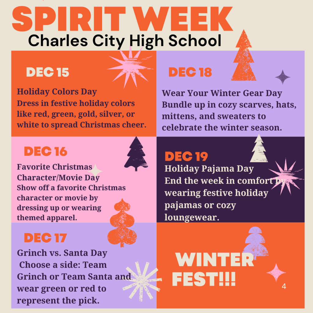 🎄 Monday Mission: Spirit Week Kickoff! 🎄  This week, CCHS and CCES are coming together to celebrate Spirit Week—a time to build community, spread joy, and show our school pride!  ✨ Monday’s Mission: Start the week strong by wearing your favorite holiday-themed colors and bringing positive energy to our campuses. Whether it’s red, green, winter white, or festive flair, let your outfit reflect the joy of the season!  🎶 Don’t forget! Join us for our Holiday Concert on Wednesday, December 17, as our talented students share the sounds of the season.  Let’s make this a week full of spirit, unity, and celebration. #MondayMission #SpiritWeek #CCHS #CCES #HolidaySpirit #SeasonOfJoy 🎄✨