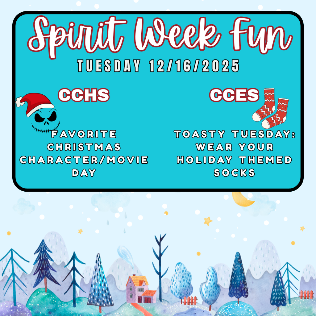 🎄✨ Tuesday Spirit Day! CCHS: Dress up as your favorite holiday character or movie 🎬🎅 CCES: Rock your favorite holiday-themed socks 🧦❄️ Let’s see that school spirit! 💚❤️