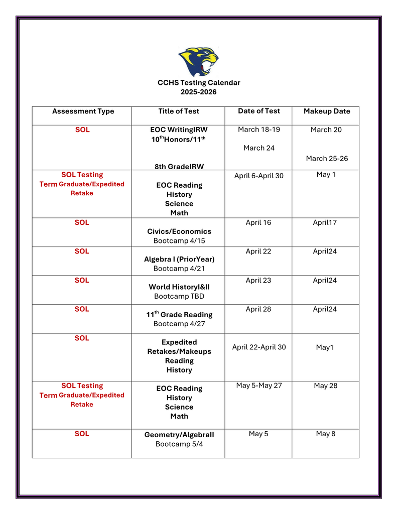 CCHS Testing Calendar