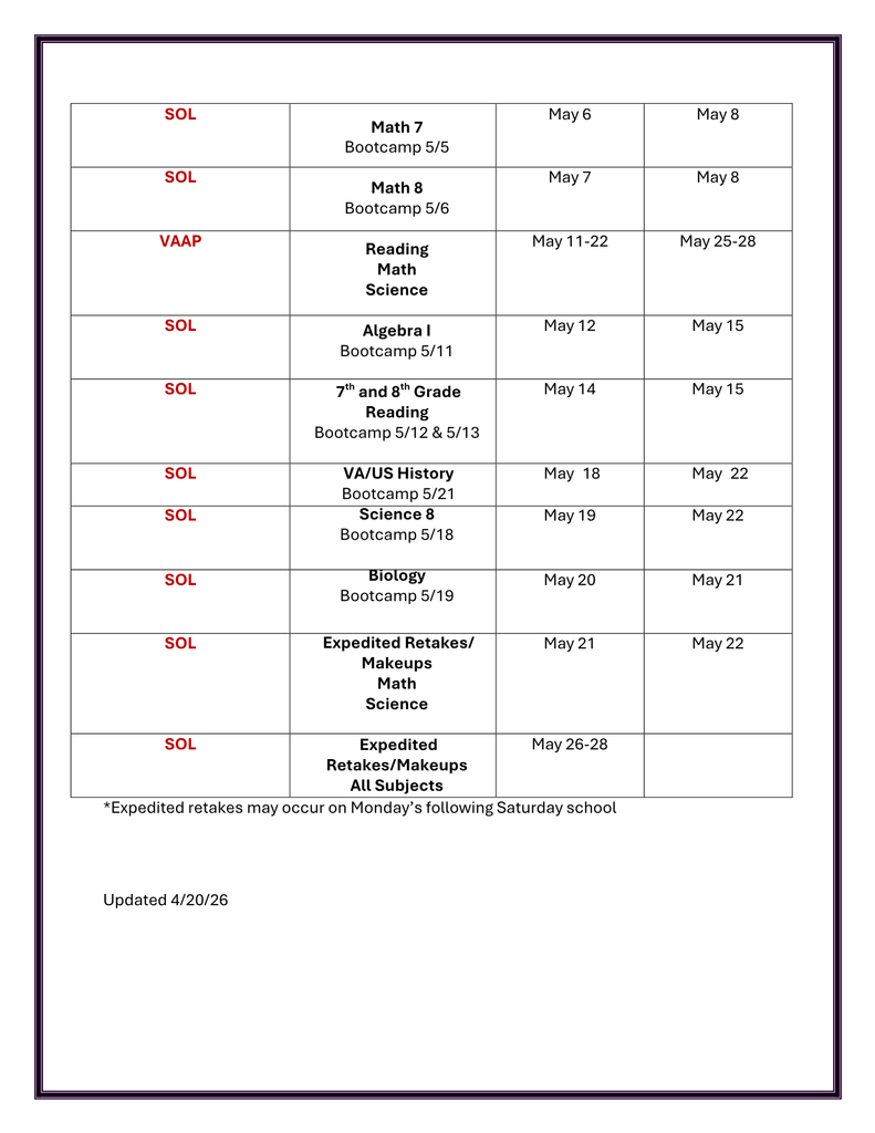 CCHS Testing Calendar