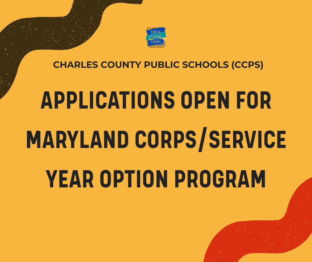 yellow box with words "applications open for maryland corps / service year option program