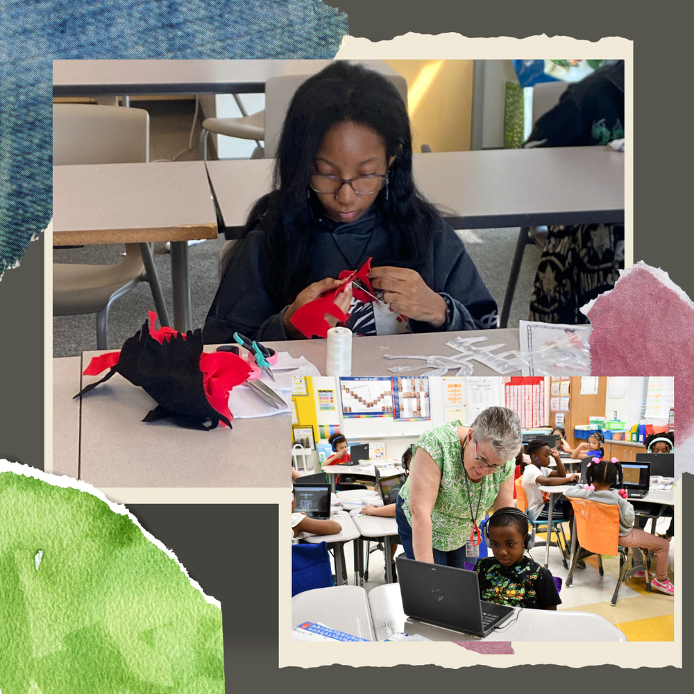 a student creating a monster out of felt