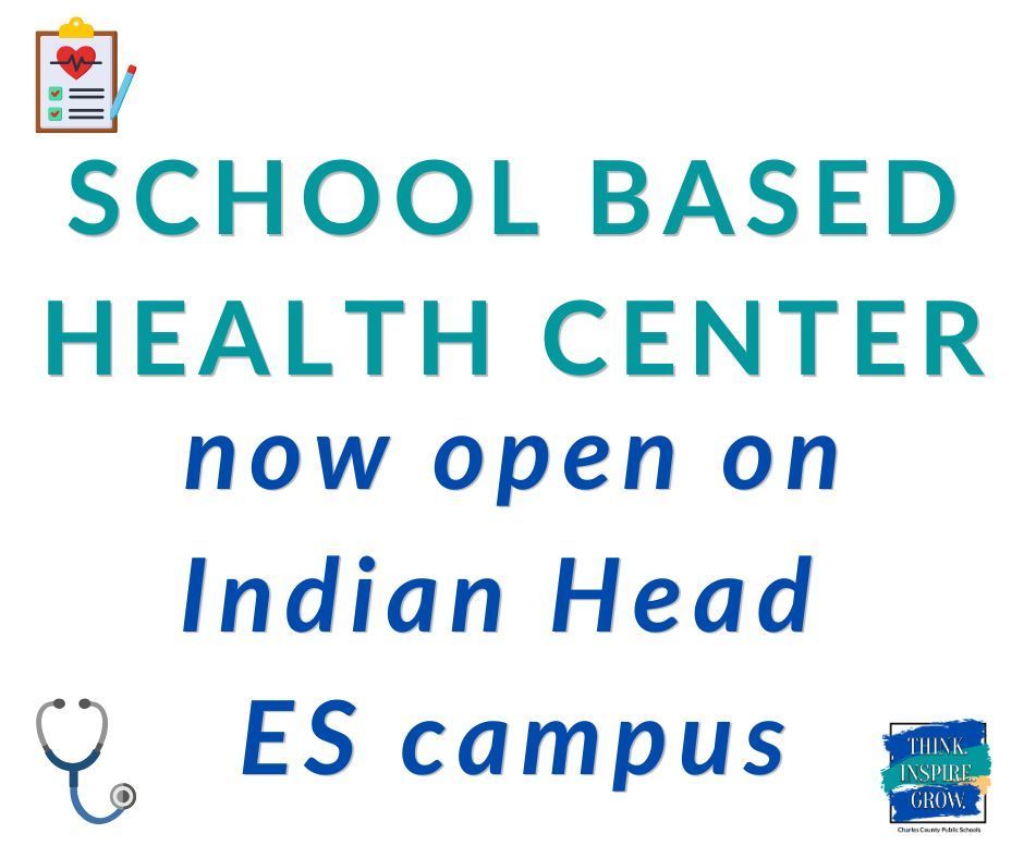 text on white background reading "school based health center now open on indian head es campus"