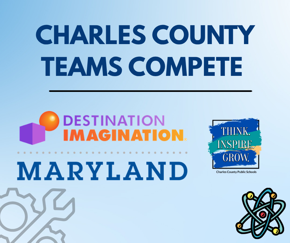 blue background with words "charles county teams compete"