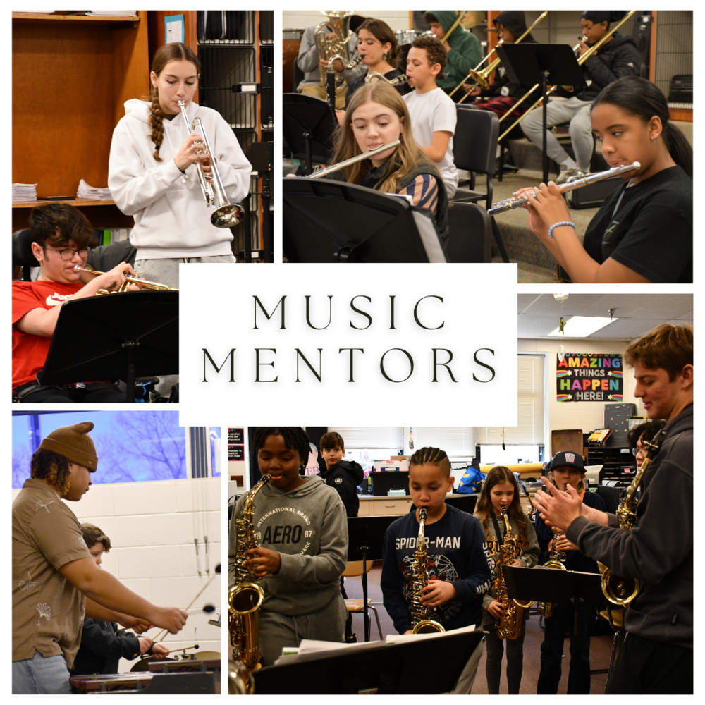 a college of photos of students playing instruments