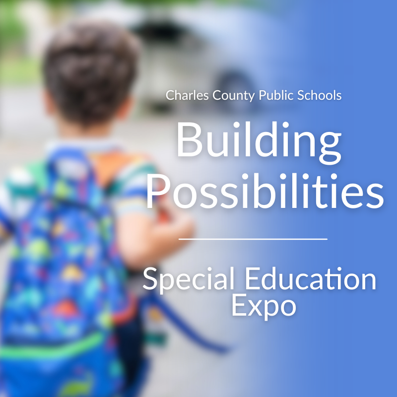 child carrying backpack with words "building possibilities: special education expo"