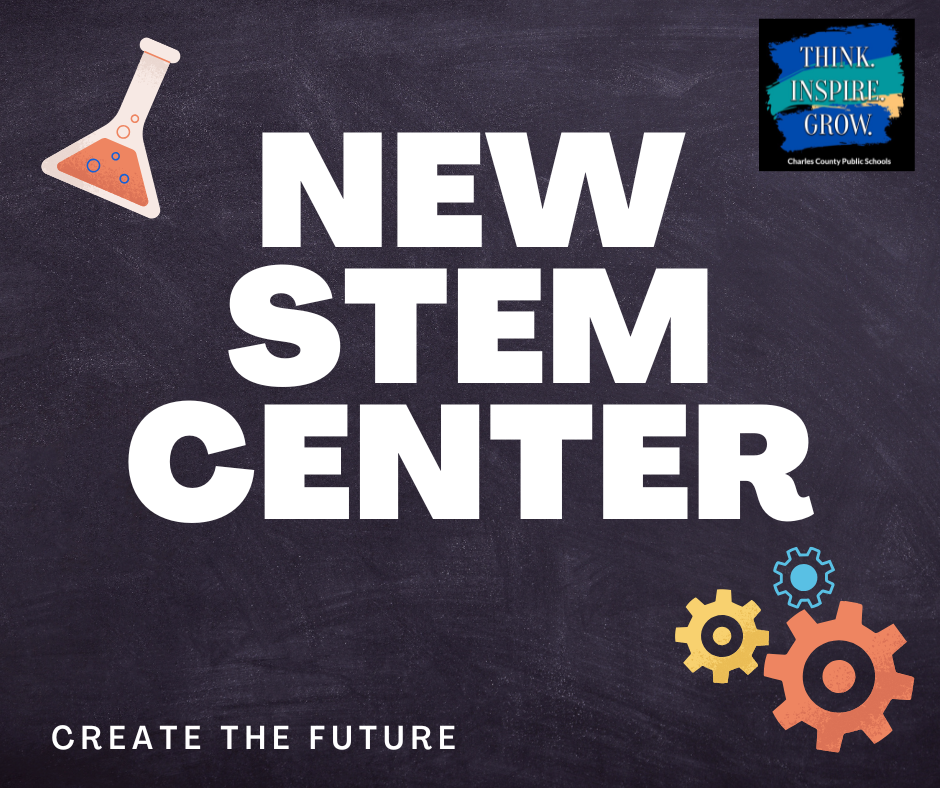 icon of a flask, gears and the words new stem center