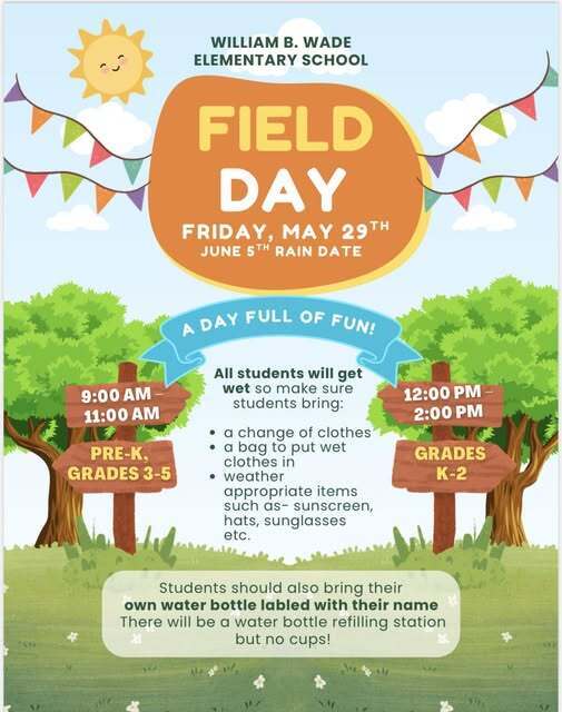 Flyer with trees that says field day Friday may 29th