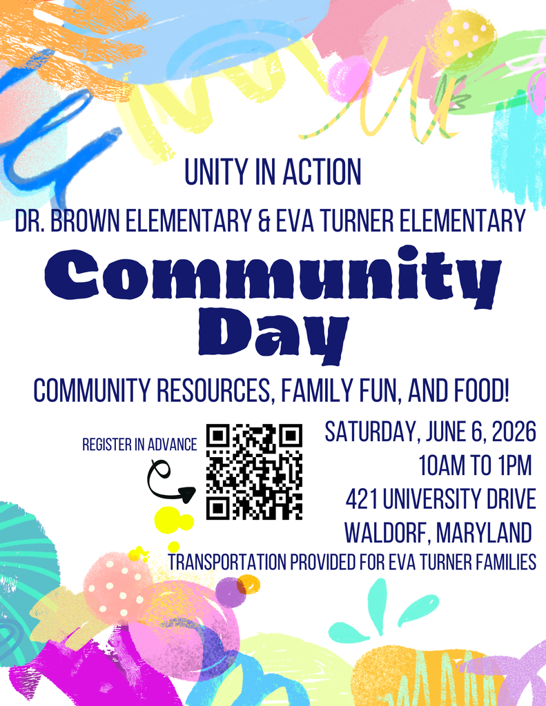  Flyer for Community Day at Dr. Brown Elementary School. The flyer invites students, families, and community members to attend a fun-filled Community Day on Friday, June 6, 2026, from 10:00 AM to 1:00 PM at Dr. Brown Elementary School. The event will include community connection, activities, resources, and family fun. The flyer features cheerful, family-friendly school-themed graphics and welcoming text encouraging the community to attend.
