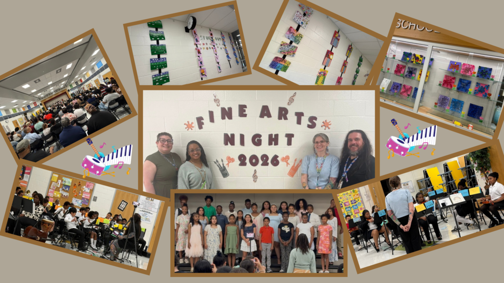 Collage of photos from Dr. Samuel A. Mudd Elementary’s Fine Arts Night 2026 featuring student artwork displays, chorus performances, band and string performances, staff members, and students celebrating music and the arts.