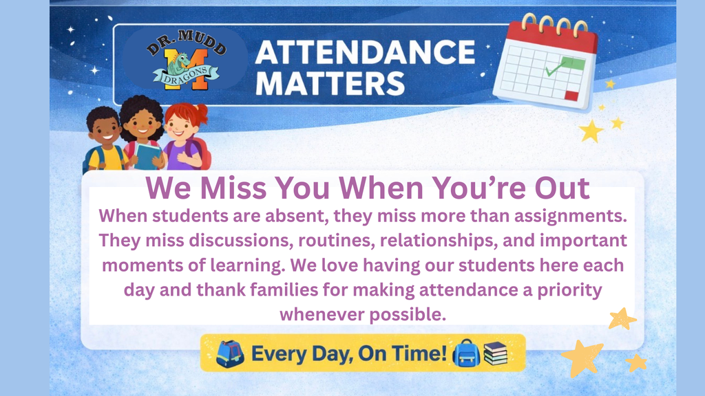 Attendance Matters flyer from Dr. Samuel A. Mudd Elementary School featuring the school logo, a calendar graphic, and three illustrated students. The flyer reads, “We Miss You When You’re Out,” and explains that when students are absent, they miss more than assignments, including discussions, routines, relationships, and important learning opportunities. The message thanks families for making attendance a priority whenever possible and includes the reminder, “Every Day, On Time!” with school-themed icons.