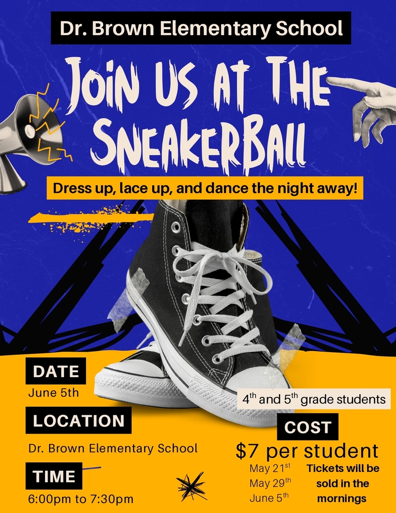 Event flyer for Dr. Brown Elementary School SneakerBall featuring sneakers, event details, and yellow and blue graphics. Event is on June 5th for 4th and 5th grade students, $7 per ticket.