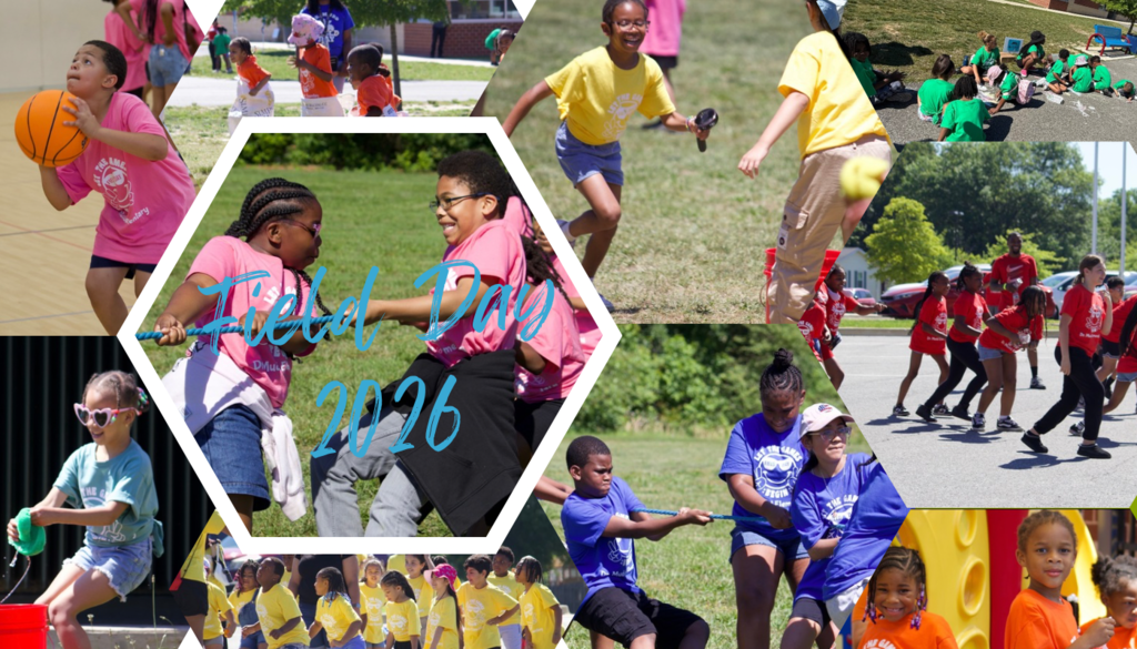 Collage titled “Field Day 2026” featuring students from Dr. Samuel A. Mudd Elementary participating in a variety of Field Day activities. Photos show students playing basketball, racing in sacks, competing in tug-of-war, participating in relay games, enjoying outdoor team challenges, and smiling with classmates. Students wear colorful team shirts in pink, yellow, blue, green, orange, and red while taking part in fun activities both indoors and outdoors. The collage celebrates teamwork, sportsmanship, school spirit, and end-of-year fun.
